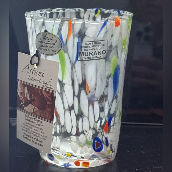2 Glasses Murano Technique Confetti Drink Glass Tumblers White Blue Red Italy - Picture 2 of 11
